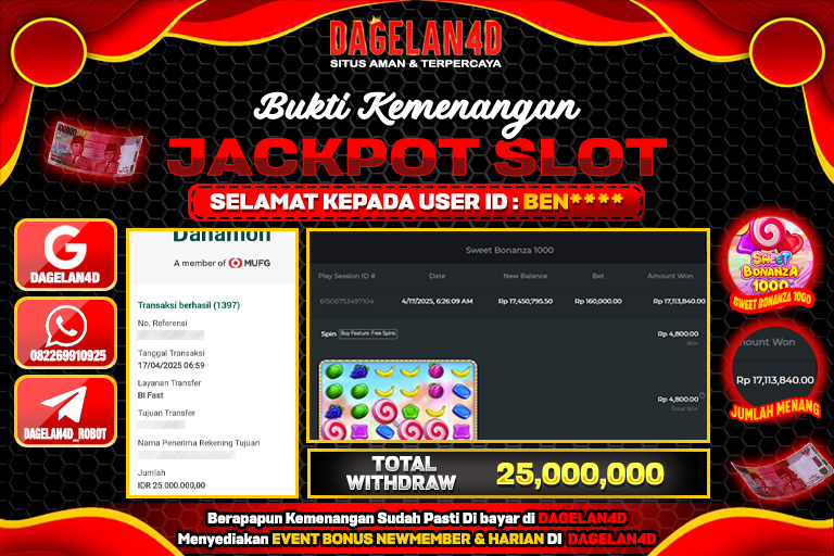 Bukti JP Slot Sweet Bonanza 1000 DAGELAN4D 17 April 2025 Rp 25.000.000, – LUNAS