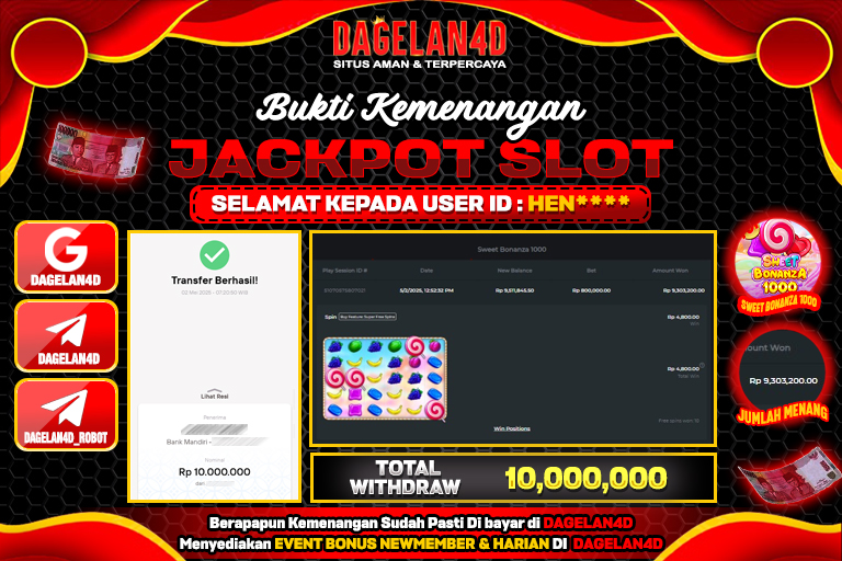 Bukti JP Slot Sweet Bonanza 1000 DAGELAN4D 02 May 2025 Rp 10.000.000, – LUNAS