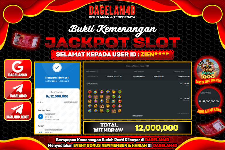 Bukti JP Slot Gates of Gatot Kaca 1000 DAGELAN4D 05 May 2025 Rp 12.000.000, – LUNAS
