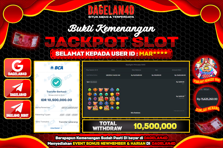 Bukti JP Slot Starlight Princess 1000 DAGELAN4D 06 May 2025 Rp 10.500.000, – LUNAS