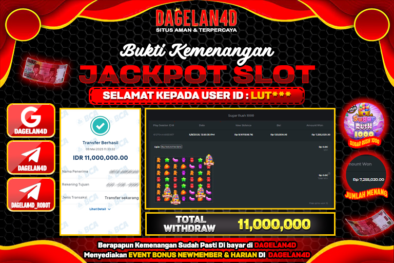 Bukti JP Slot Sugar Rush 1000 DAGELAN4D 08 May 2025 Rp 11.000.000, – LUNAS