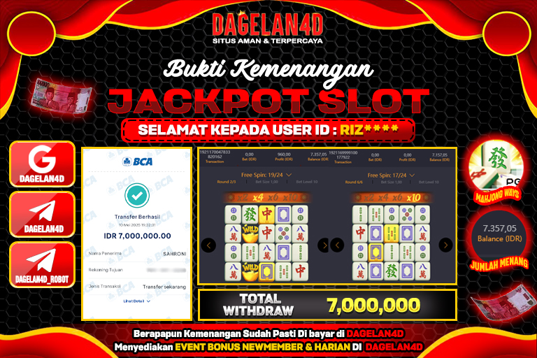 Bukti JP Slot Mahjong Ways DAGELAN4D 11 May 2025 Rp 7.000.000, – LUNAS