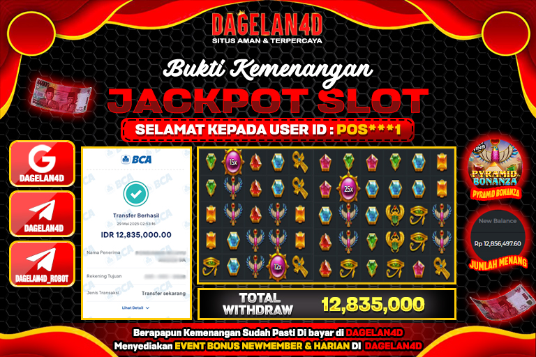 Bukti JP Slot Pyramid Bonanza DAGELAN4D 29 May 2025 Rp 12.835.000, – LUNAS