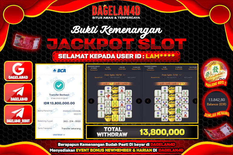 Bukti JP Slot Mahjong Ways 2 DAGELAN4D 10 May 2025 Rp 13.800.000, – LUNAS