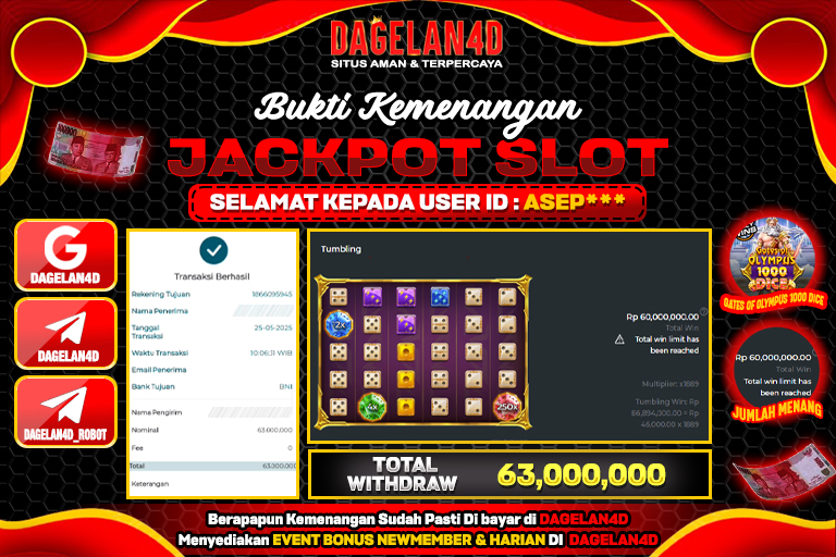Bukti JP Slot Gates of Olympus 1000 Dice DAGELAN4D 25 May 2025 Rp 63.000.000, – LUNAS