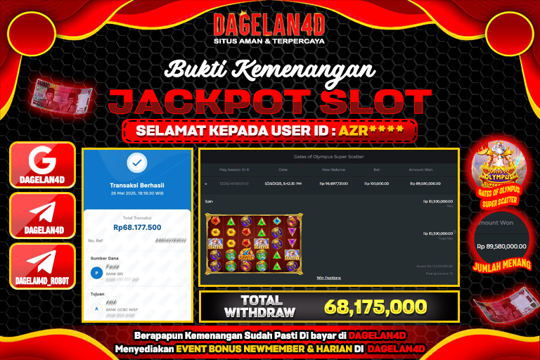 Bukti JP Slot Gates of Olympus Super Scatter DAGELAN4D 26 May 2025 Rp 63.000.000, – LUNAS