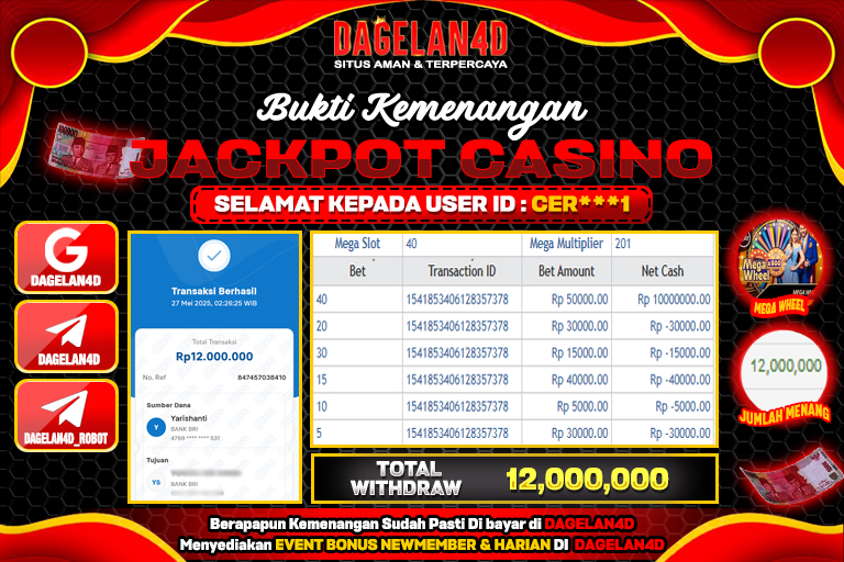 Bukti JP Casino Mega Wheel DAGELAN4D 27 May 2025 Rp 12.000.000, – LUNAS