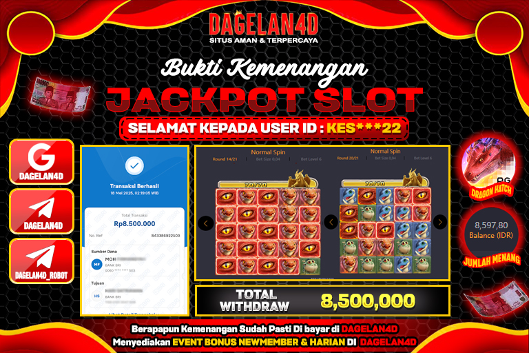 Bukti JP Slot Dragon Hatch DAGELAN4D 18 May 2025 Rp 8.500.000, – LUNAS