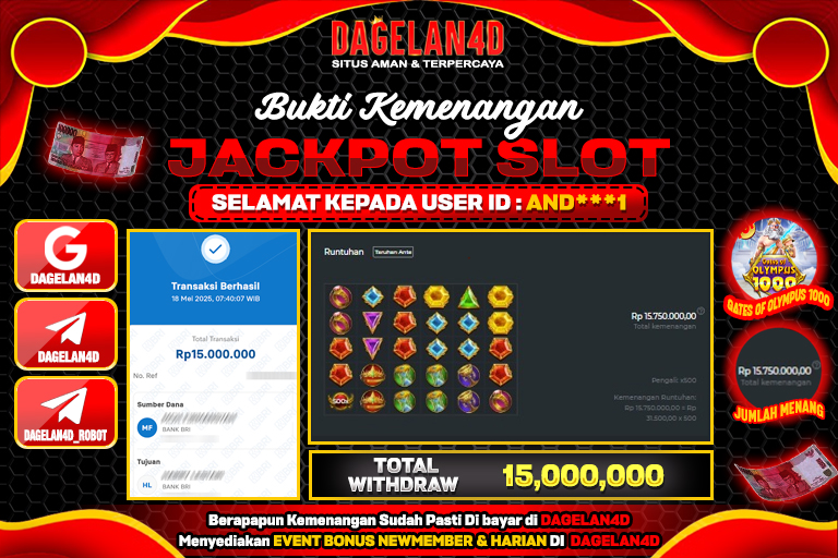 Bukti JP Slot Gates of Olympus 1000 DAGELAN4D 18 May 2025 Rp 15.000.000, – LUNAS