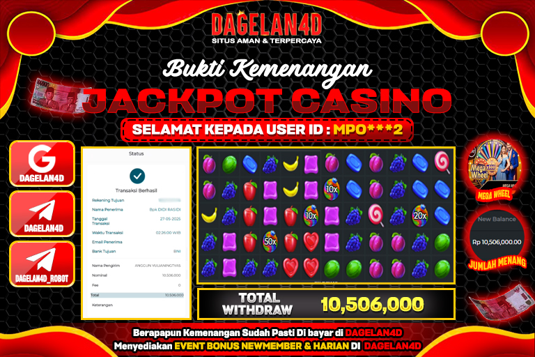 Bukti JP Slot Sweet Bonanza DAGELAN4D 26 May 2025 Rp 10.506.000, – LUNAS