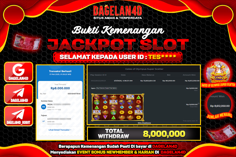 Bukti JP Slot Gates Of Olympus Super Scatter DAGELAN4D 01 May 2025 Rp 8.000.000, – LUNAS