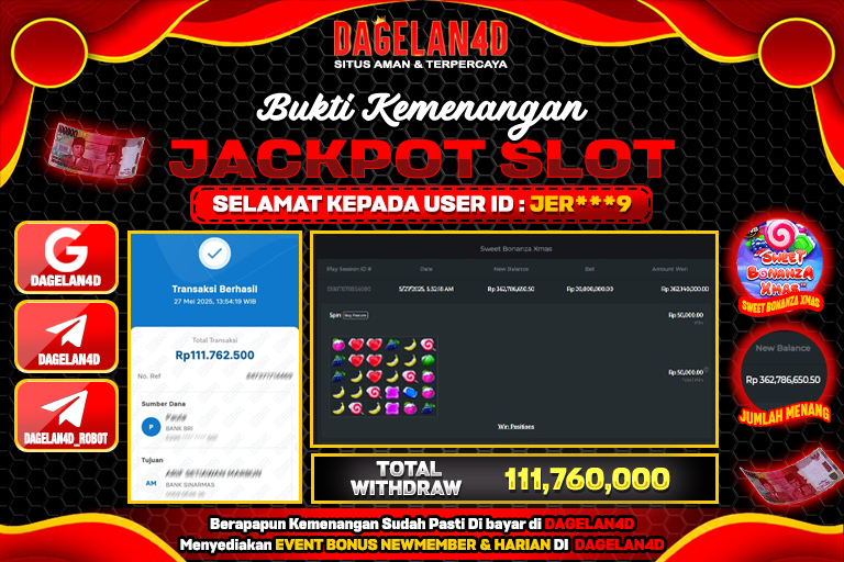 Bukti JP Slot Sweet Bonanza Xmas DAGELAN4D 27 May 2025 Rp 111.760.000, – LUNAS