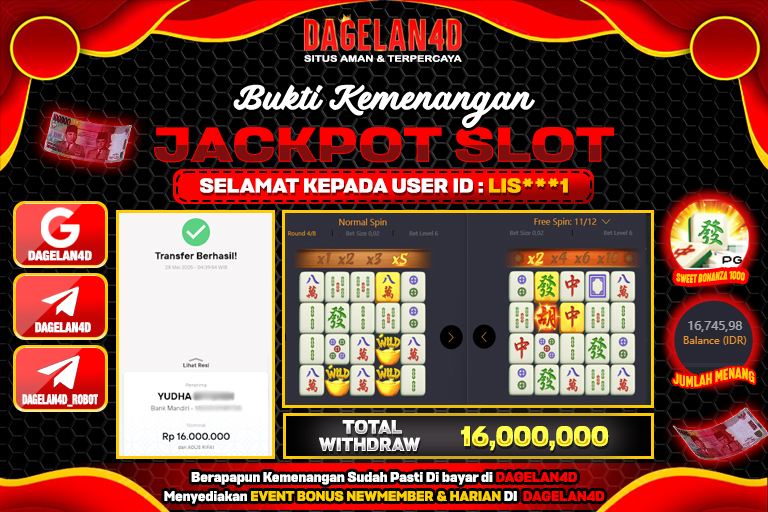 Bukti JP Slot Mahjong Ways DAGELAN4D 28 May 2025 Rp 16.000.000, – LUNAS