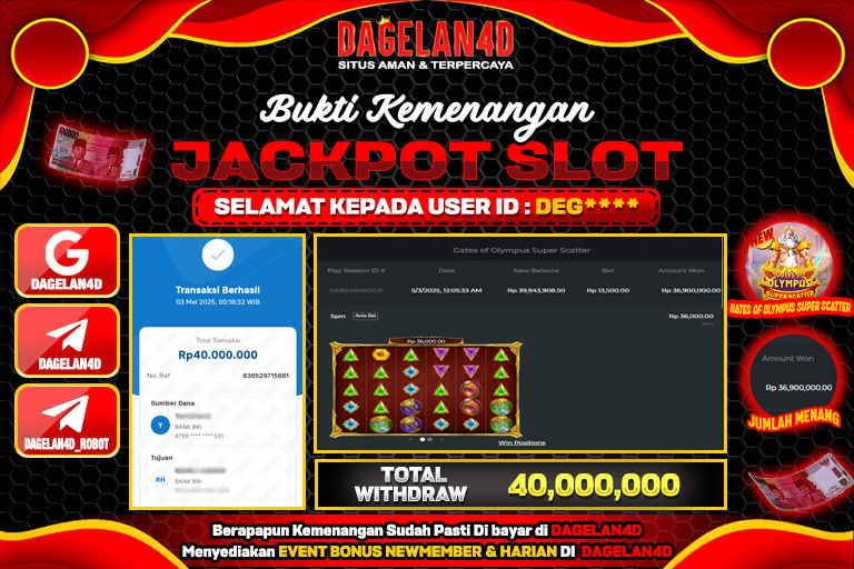 Bukti JP Slot Gates of Olympus Super Scatter DAGELAN4D 03 May 2025 Rp 40.000.000, – LUNAS