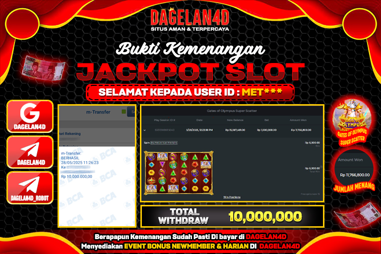 Bukti JP Slot Gates of Olympus Super Scatter DAGELAN4D 28 May 2025 Rp 10.000.000, – LUNAS