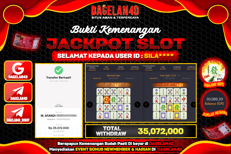 Bukti JP Slot Mahjong Ways DAGELAN4D 06 May 2025 Rp 35.072.000, – LUNAS