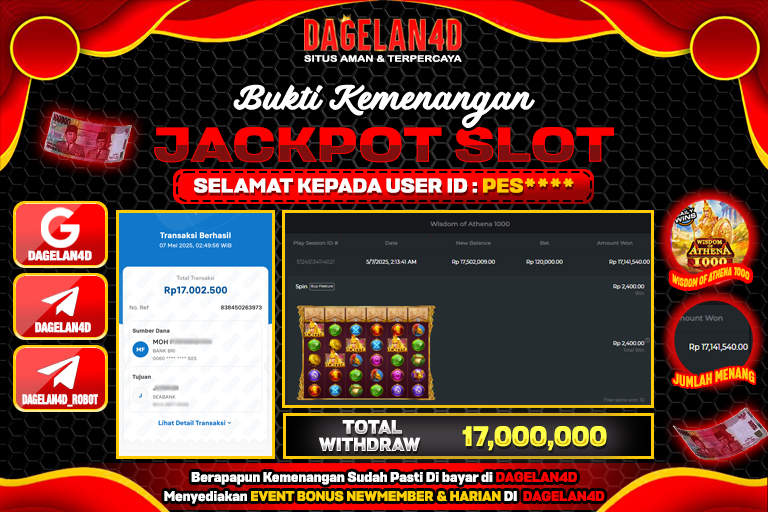Bukti JP Slot Wisdom of Athena 1000 DAGELAN4D 07 May 2025 Rp 17.000.000, – LUNAS