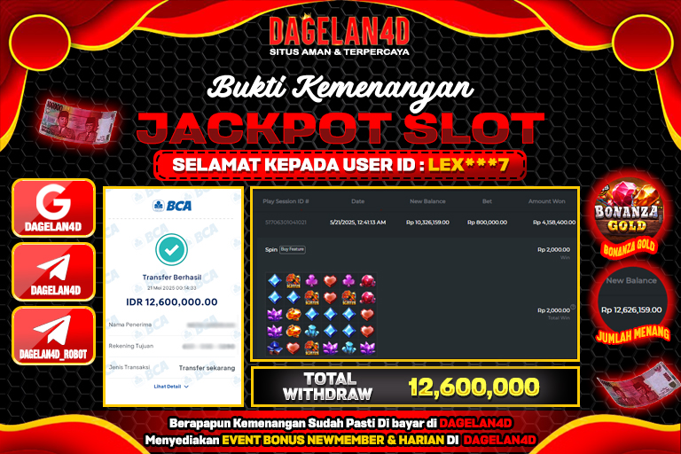 Bukti JP Slot Mahjong Ways DAGELAN4D 21 May 2025 Rp 12.600.000, – LUNAS