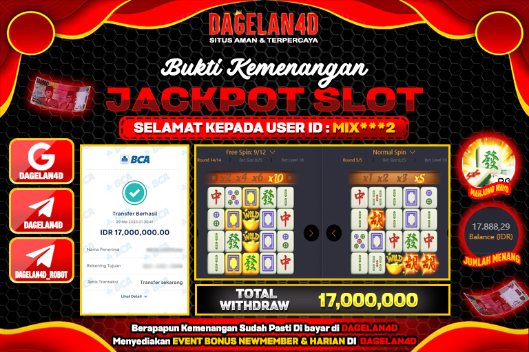 Bukti JP Slot Mahjong Ways DAGELAN4D 29 May 2025 Rp 17.000.000, – LUNAS