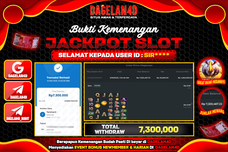 Bukti JP Slot Great Rhino Megaways DAGELAN4D 10 May 2025 Rp 7.300.000, – LUNAS