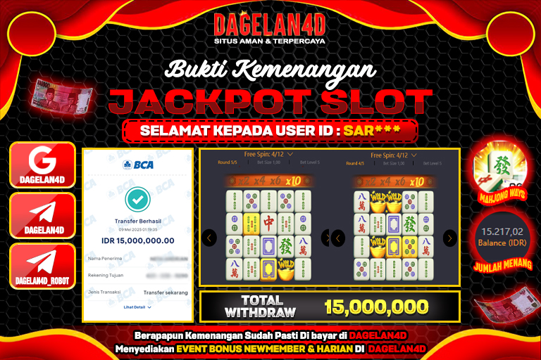 Bukti JP Slot Mahjong Ways DAGELAN4D 09 May 2025 Rp 15.000.000, – LUNAS