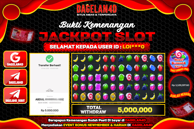 Bukti JP Slot Sweet Bonanza Xmas DAGELAN4D 30 May 2025 Rp 5.000.000, – LUNAS