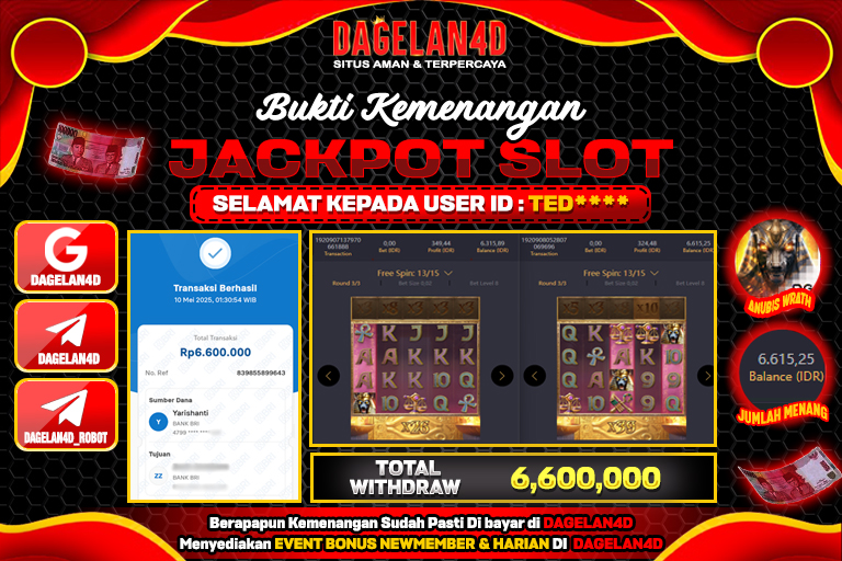 Bukti JP Slot Anubis Wrath DAGELAN4D 10 May 2025 Rp 6.600.000, – LUNAS