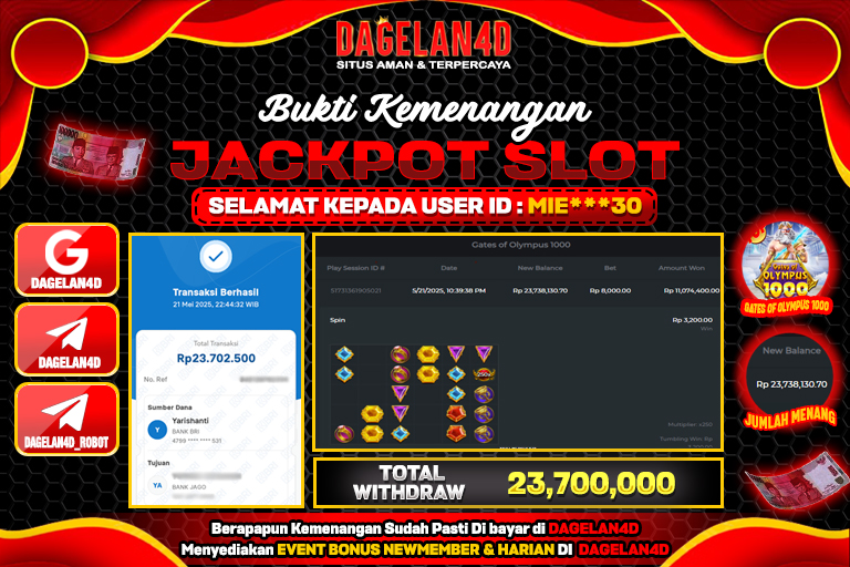 Bukti JP Slot Gates of Olympus 1000 DAGELAN4D 22 May 2025 Rp 23.700.000, – LUNAS