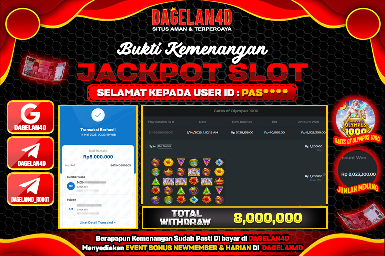Bukti JP Slot Gates of Olympus 1000 DAGELAN4D 14 May 2025 Rp 8.000.000, – LUNAS