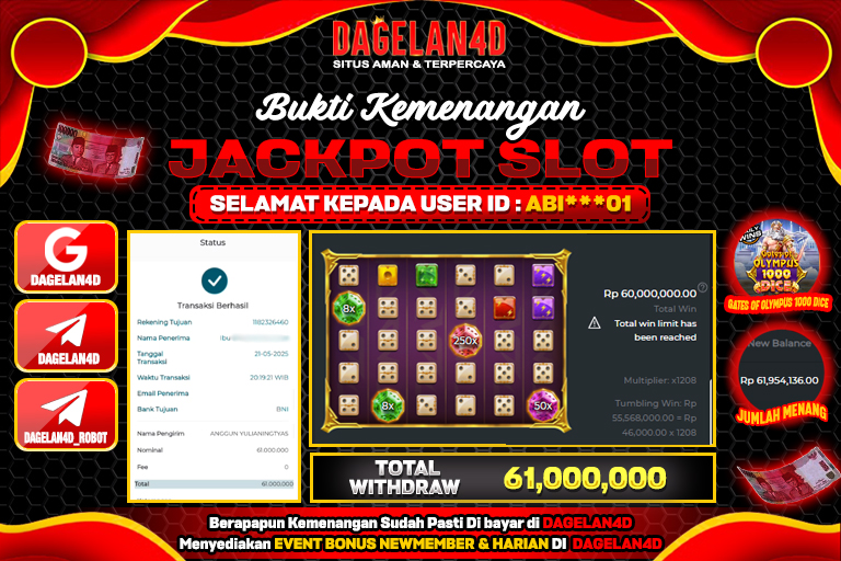 Bukti JP Slot Gates of Olympus 1000 Dice DAGELAN4D 22 May 2025 Rp 61.000.000, – LUNAS