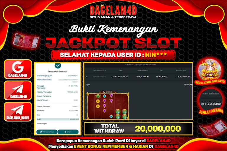 Bukti JP Slot Gates of Olympus Super Scatter DAGELAN4D 31 May 2025 Rp 20.000.000, – LUNAS