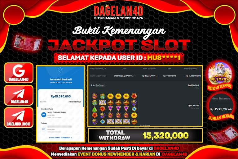 Bukti JP Slot Gates of Olympus DAGELAN4D 23 May 2025 Rp 15.320.000, – LUNAS
