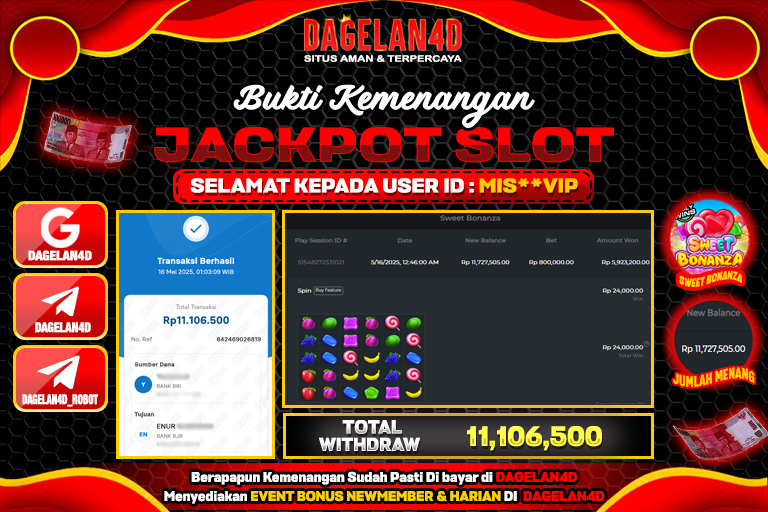 Bukti JP Slot Sweet Bonanza DAGELAN4D 16 May 2025 Rp 11.106.500, – LUNAS