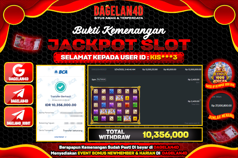 Bukti JP Slot Gates of Olympus 1000 Dice DAGELAN4D 24 May 2025 Rp 10.356.000, – LUNAS