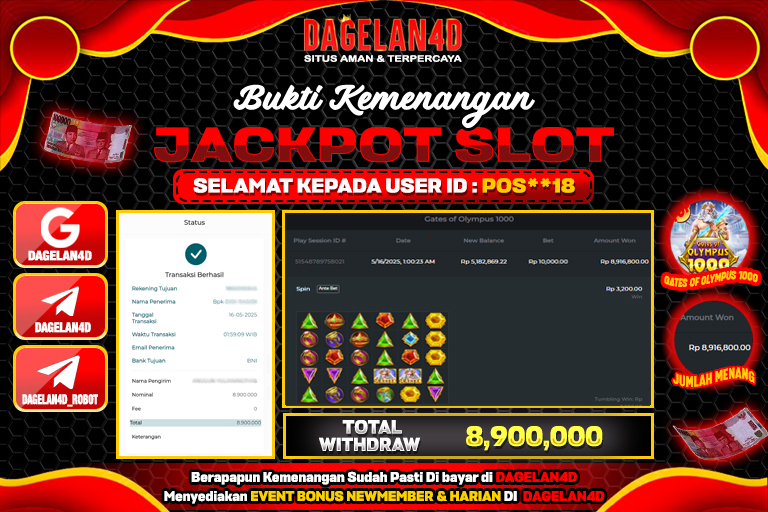 Bukti JP Slot Gates of Olympus 1000 DAGELAN4D 16 May 2025 Rp 8.900.000, – LUNAS