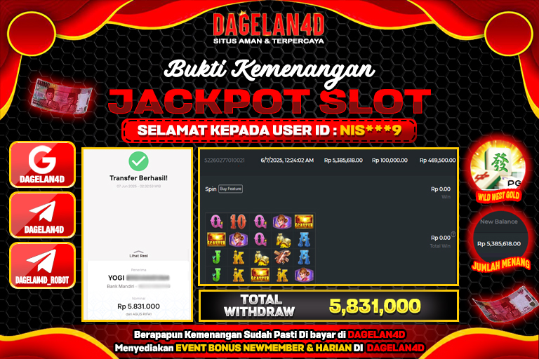 Bukti JP Slot Wild West Gold DAGELAN4D 07 JUNE 2025 Rp 5.831.000, – LUNAS