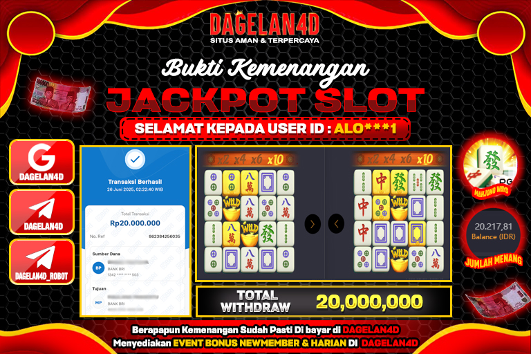 Bukti JP Slot Mahjong Ways DAGELAN4D 26 JUNE 2025 Rp 20,000,000, – LUNAS