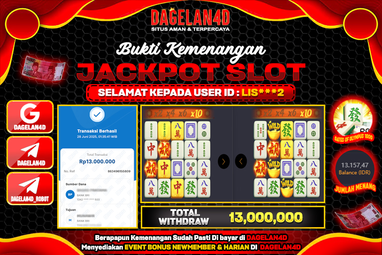 Bukti JP Slot Mahjong Ways DAGELAN4D 28 JUNE 2025 Rp 13.000.000, – LUNAS