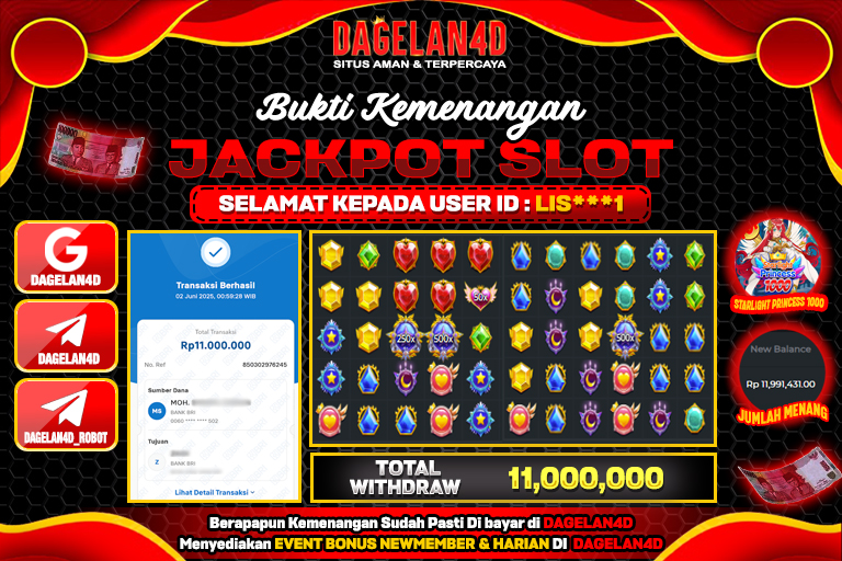 Bukti JP Slot Starlight Princess 1000 DAGELAN4D 02 JUNE 2025 Rp 11.000.000, – LUNAS
