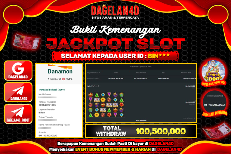 Bukti JP Slot Gates of Olympus 1000 DAGELAN4D 11 JUNE 2025 Rp 100.500.000, – LUNAS