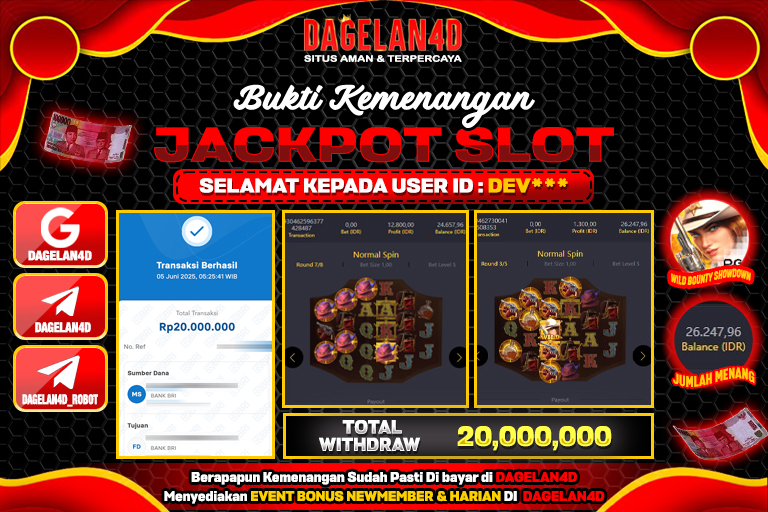 Bukti JP Slot Wild Bounty Showdown DAGELAN4D 05 JUNE 2025 Rp 20.000.000, – LUNAS
