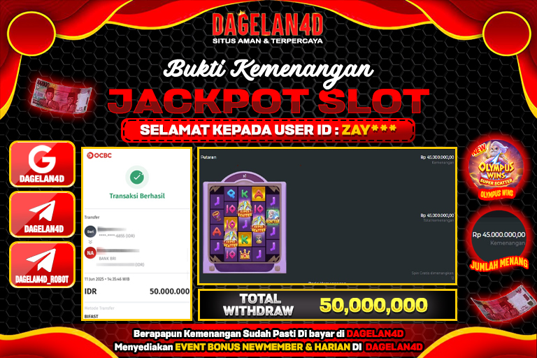 Bukti JP Slot Olympus Wins DAGELAN4D 11 JUNE 2025 Rp 50.000.000, – LUNAS