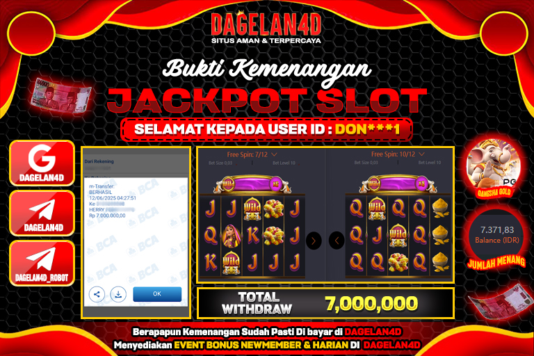 Bukti JP Slot GANESHA GOLD DAGELAN4D 12 JUNE 2025 Rp 7.000.000, – LUNAS