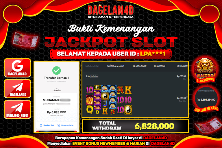 Bukti JP Slot 5 Lions Megaways DAGELAN4D 07 JUNE 2025 Rp 6.828.000, – LUNAS