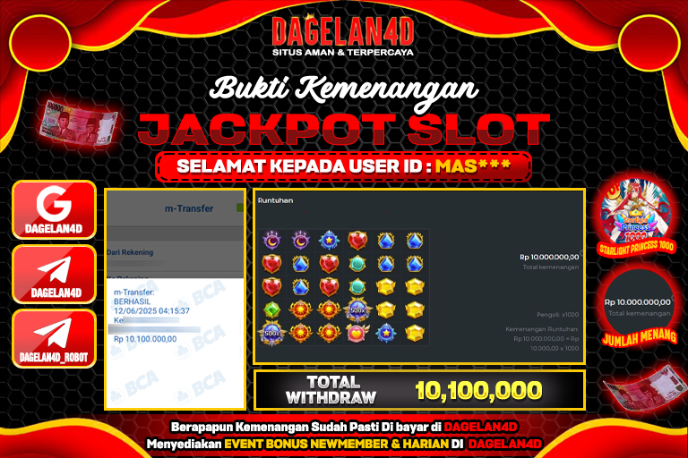 Bukti JP Slot Starlight Princess 1000 DAGELAN4D 12 JUNE 2025 Rp 10.100.000, – LUNAS