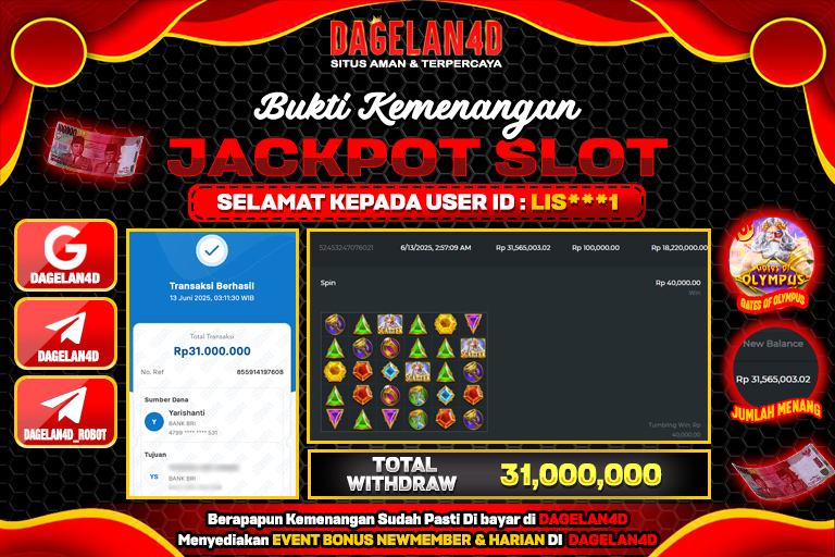 Selamat Kepada Id : LIS***1 Atas Withdraw Rp. 30.000.000 Juta Hari ini Ditunggu Withdraw Selanjutnya dan ajak juga teman temannya bergabung di Dagelan4d