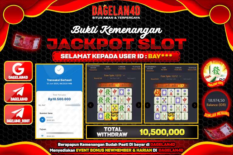 Selamat Kepada Id : BAY*** Atas Withdraw Rp. 10.500.000 Juta Hari ini Ditunggu Withdraw Selanjutnya dan ajak juga teman temannya bergabung di Dagelan4d
