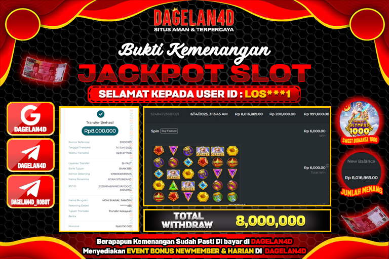 Bukti JP Slot Gates of Olympus 1000 DAGELAN4D 14 JUNE 2025 Rp 8.000.000, – LUNAS