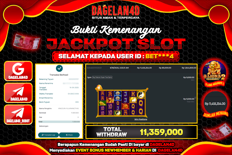 Bukti JP Slot 5 Lions Megaways 2 DAGELAN4D 15 JUNE 2025 Rp 11,359,000, – LUNAS