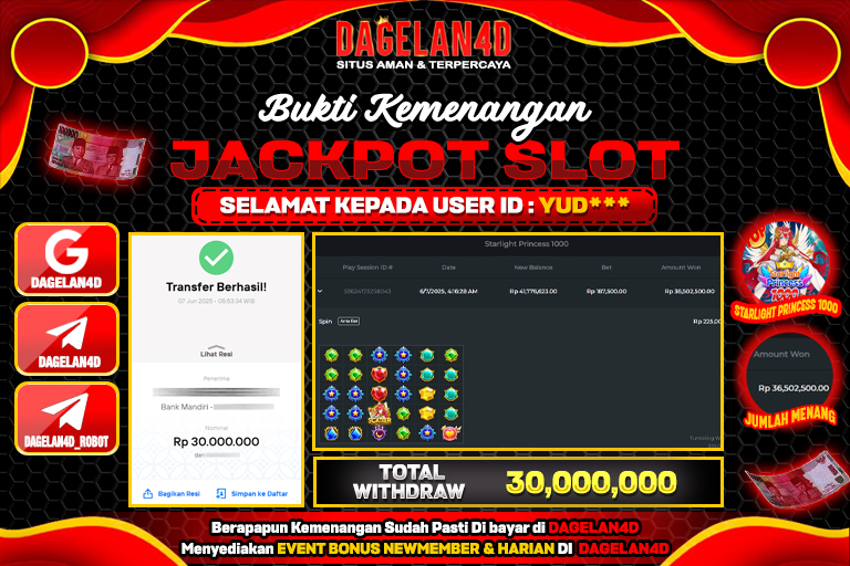 Bukti JP Slot Starlight Princess 1000 DAGELAN4D 07 JUNE 2025 Rp 30.000.000, – LUNAS